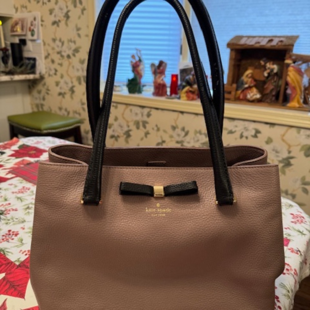 Kate Spade Taupe Black Purse with Bow and Two Handles - Leather